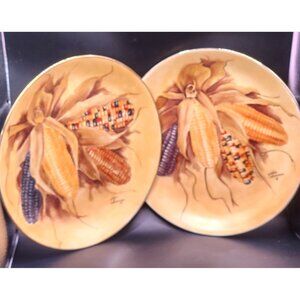 hand-painted decorative plates featuring an "Indian Corn" or "Autumn Corn"